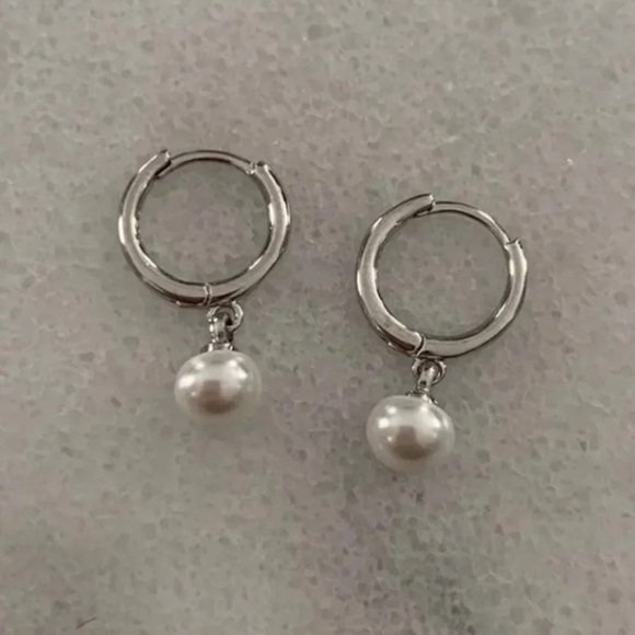COPY - COPY - Sterling Silver Huggie Hoop Dangle Pearl Earrings - Picture 4 of 4